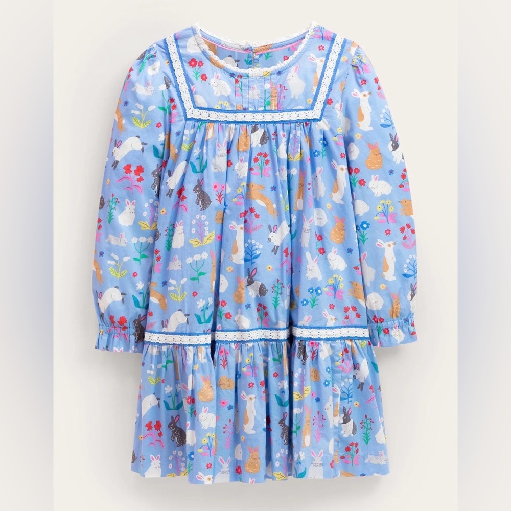 Mini Boden Lace Trim Woven Dress Bunnies Flowers Easter Girls size 8-9 Years